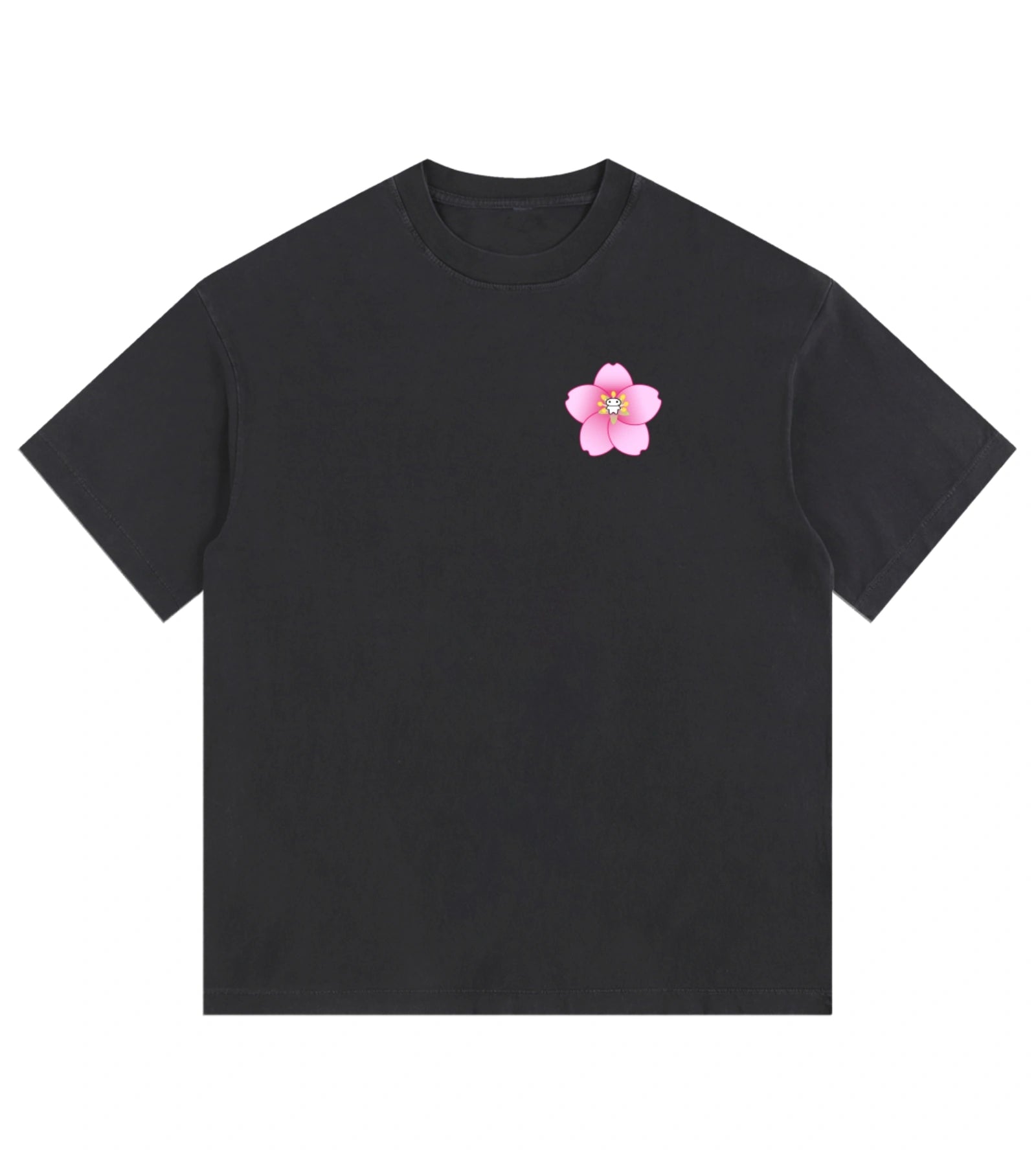 Vintage washed black oversized T-shirt featuring a Lil Alien Bae sakura chest graphic. 
