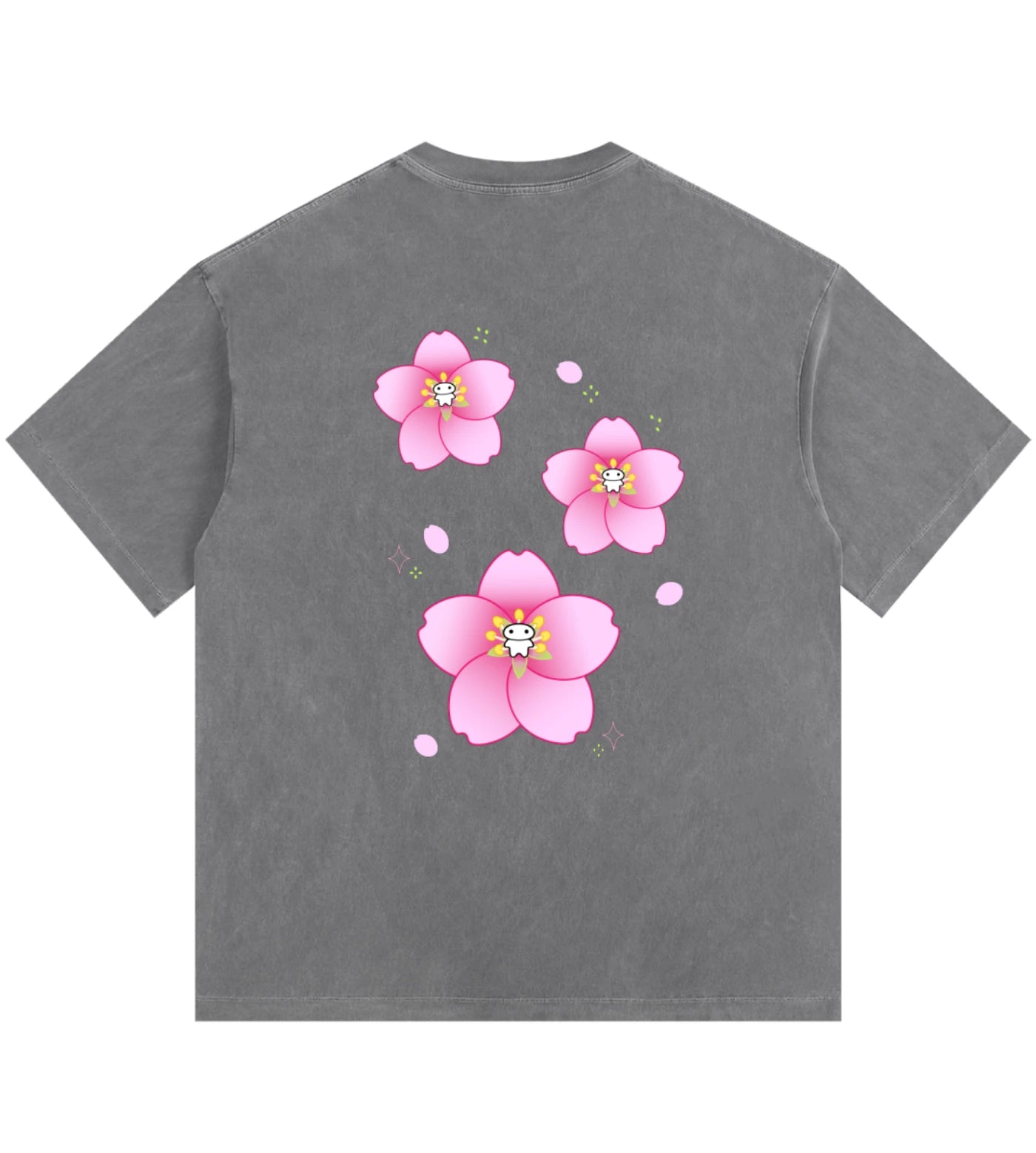 Gray vintage washed oversized cotton T-shirt featuring a Lil Alien Bae sakura back graphic.  