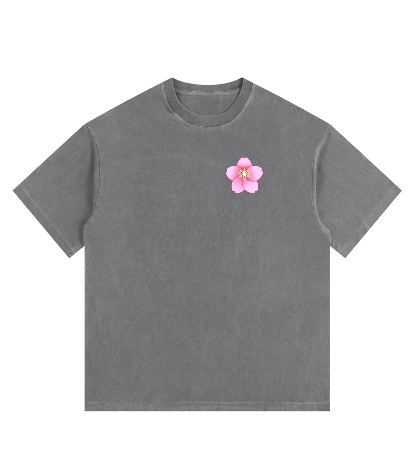 Gray vintage washed oversized cotton T-shirt featuring a Lil Alien Bae sakura chest graphic.  