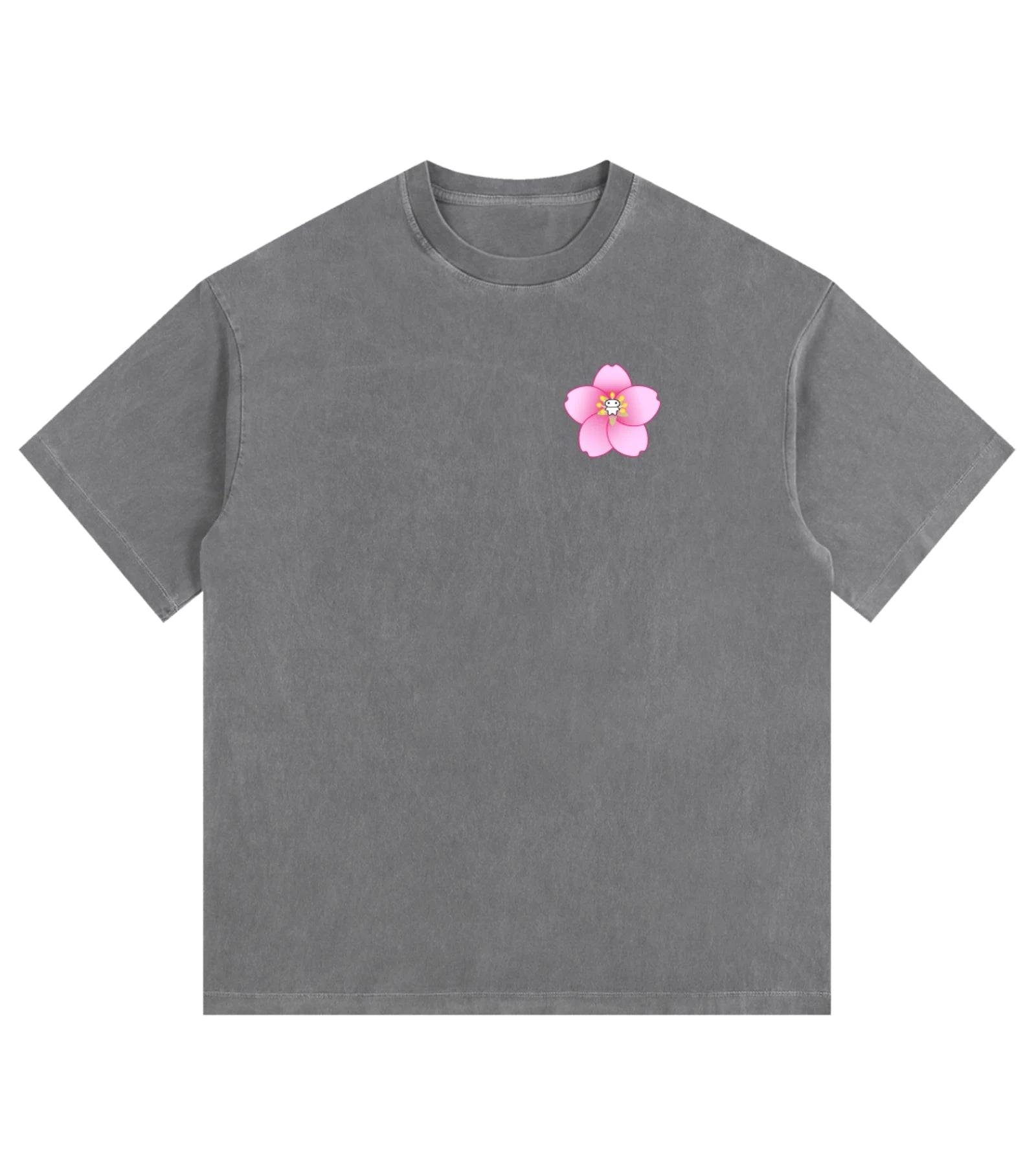 Gray vintage washed oversized cotton T-shirt featuring a Lil Alien Bae sakura chest graphic.  