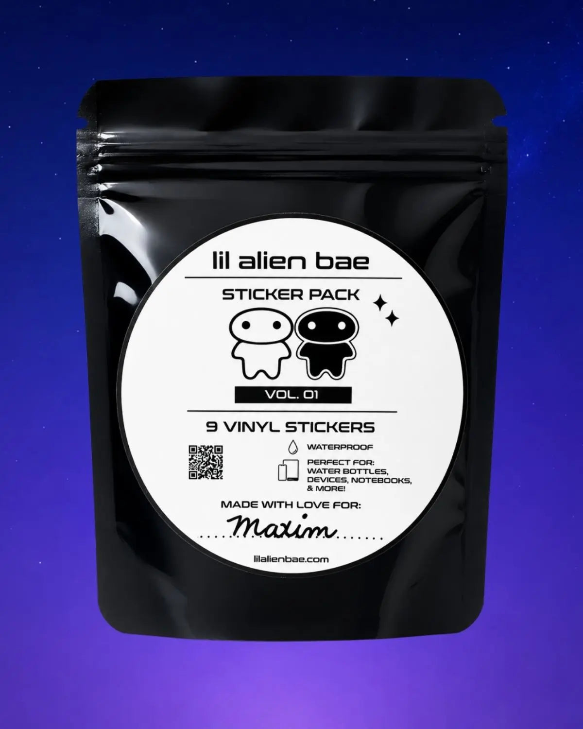 A black resealable pouch with a large white circular label reading 'lil alien bae STICKER PACK VOL. 01' and '9 VINYL STICKERS,' shown against a blue-to-purple gradient background.