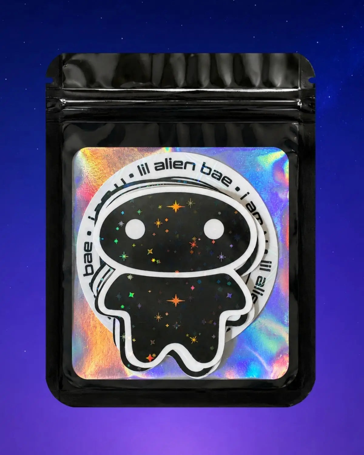 A black resealable stand-up pouch with a holographic iridescent label, featuring a set of 9 vinyl holographic stickers by lil alien bae.  