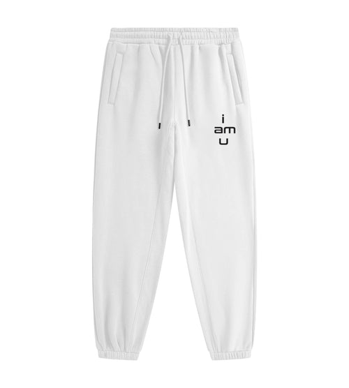 White fleece joggers featuring an "i am u" graphic. 