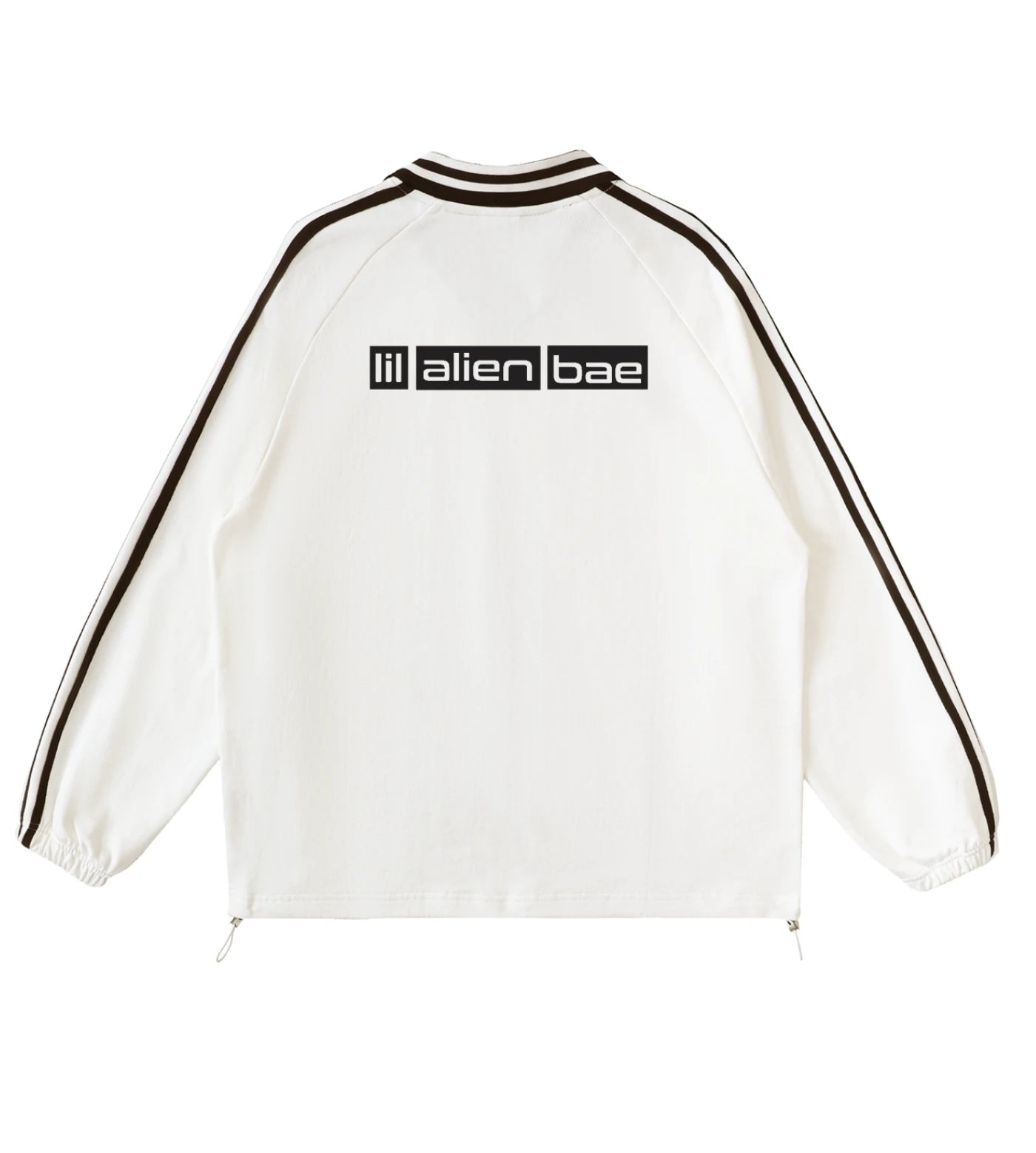 Off white lapel collar pullover featuring a Lil Alien Bae back graphic.