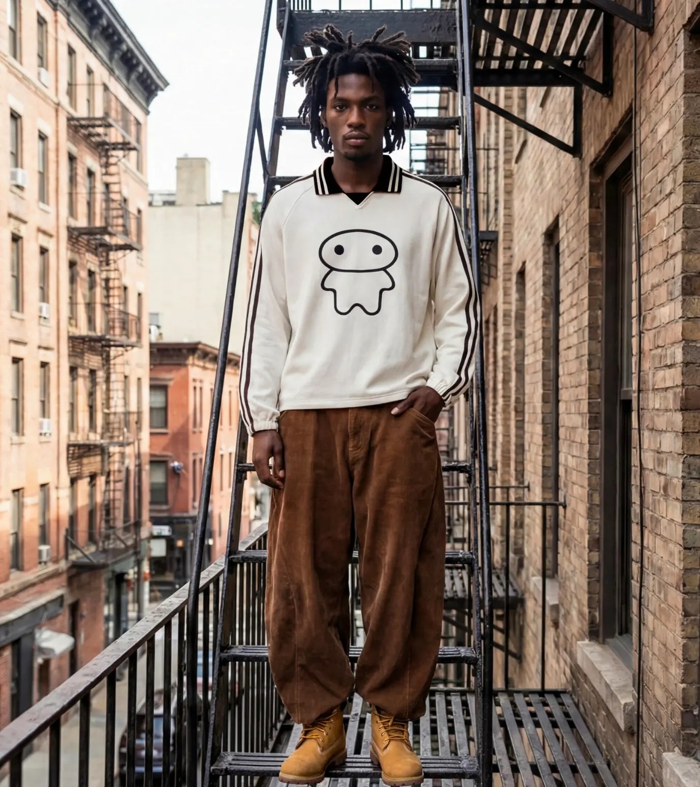 Model wears an off white lapel collar pullover featuring a Lil Alien Bae graphic with styled outfit. 