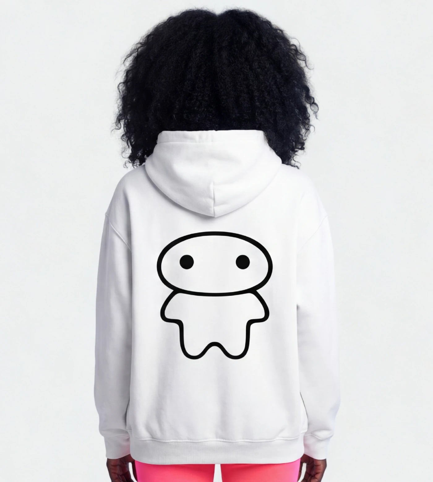 Model wears a white oversized fleece hoodie with a Lil Alien Bae back graphic.  