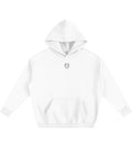 White oversized fleece hoodie featuring a small Lil Alien Bae graphic. 