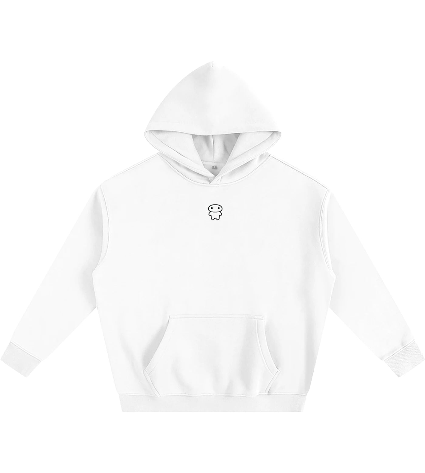 White oversized fleece hoodie featuring a small Lil Alien Bae graphic. 