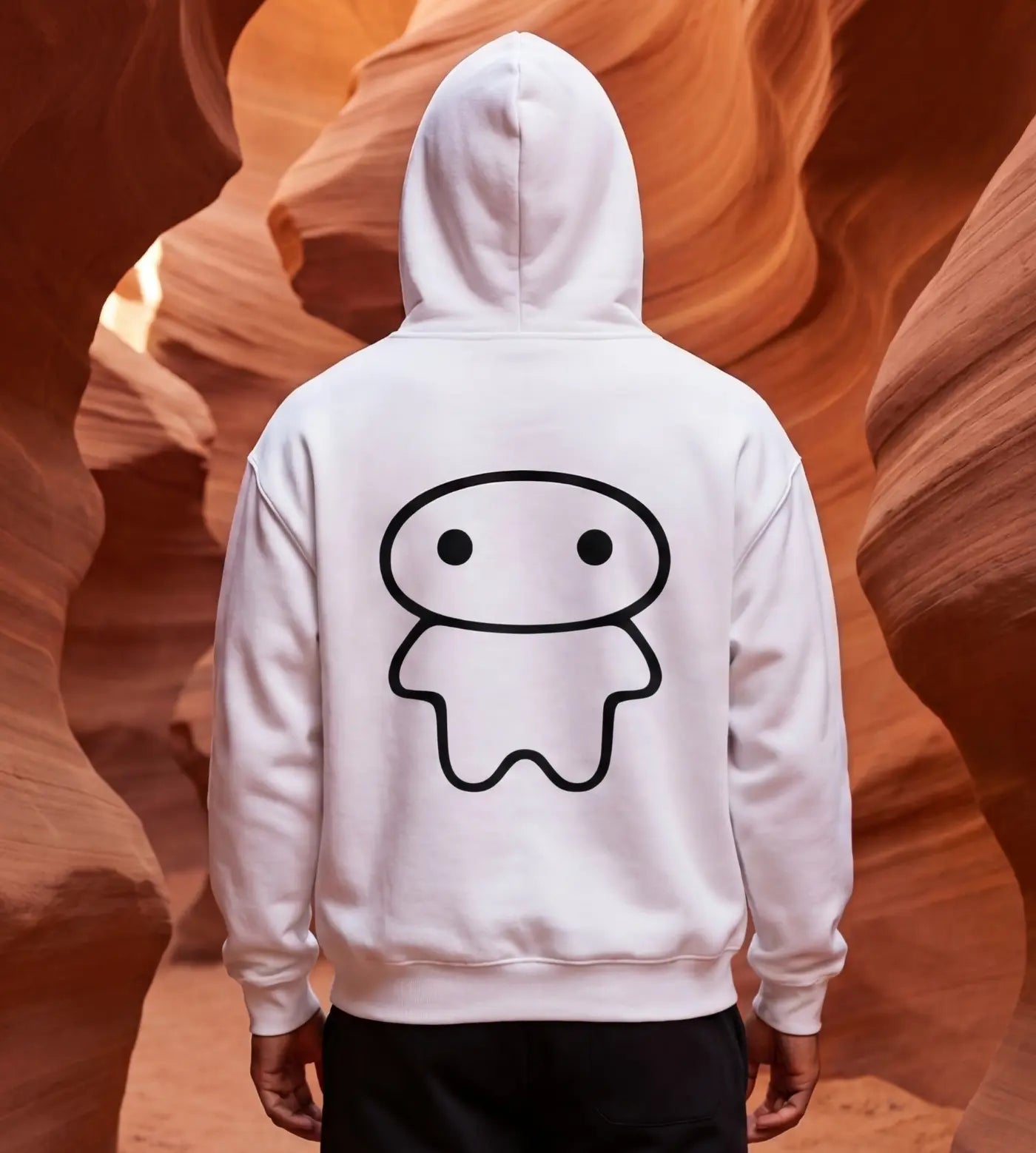 Model wears a white oversized fleece hoodie with a Lil Alien Bae back graphic.  