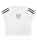 White varsity stripe crop tee featuring a Lil Alien Bae graphic. 