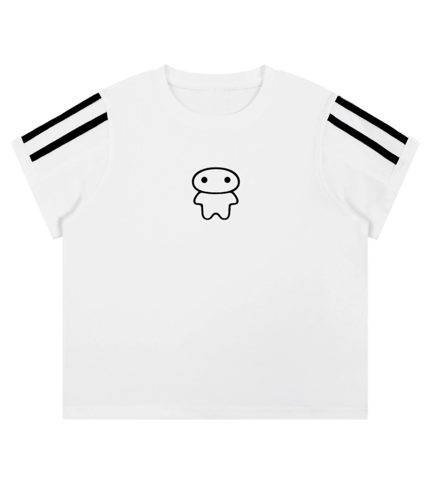 White varsity stripe crop tee featuring a Lil Alien Bae graphic. 