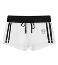 White varsity stripe shorts featuring a Lil Alien Bae graphic.  