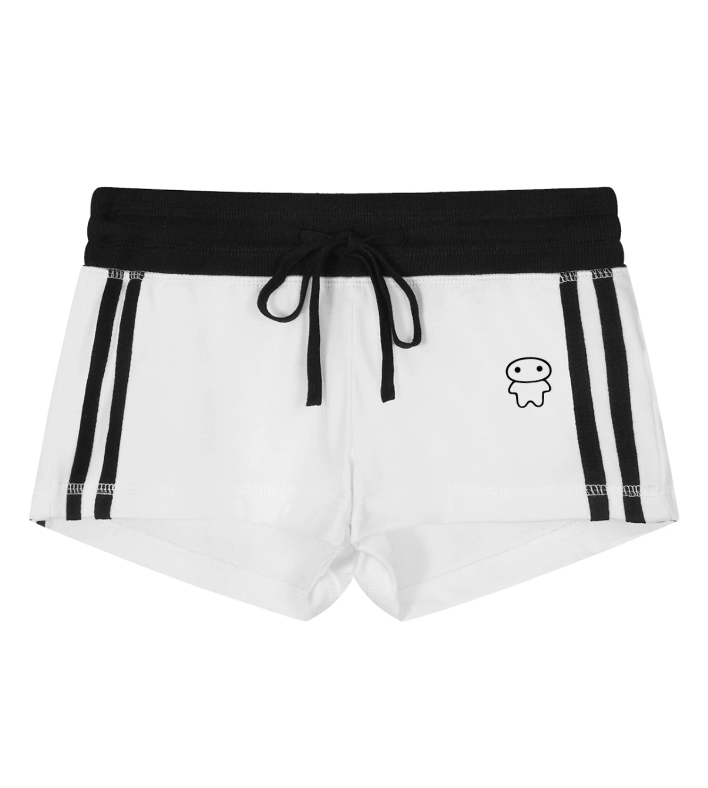 White varsity stripe shorts featuring a Lil Alien Bae graphic.  