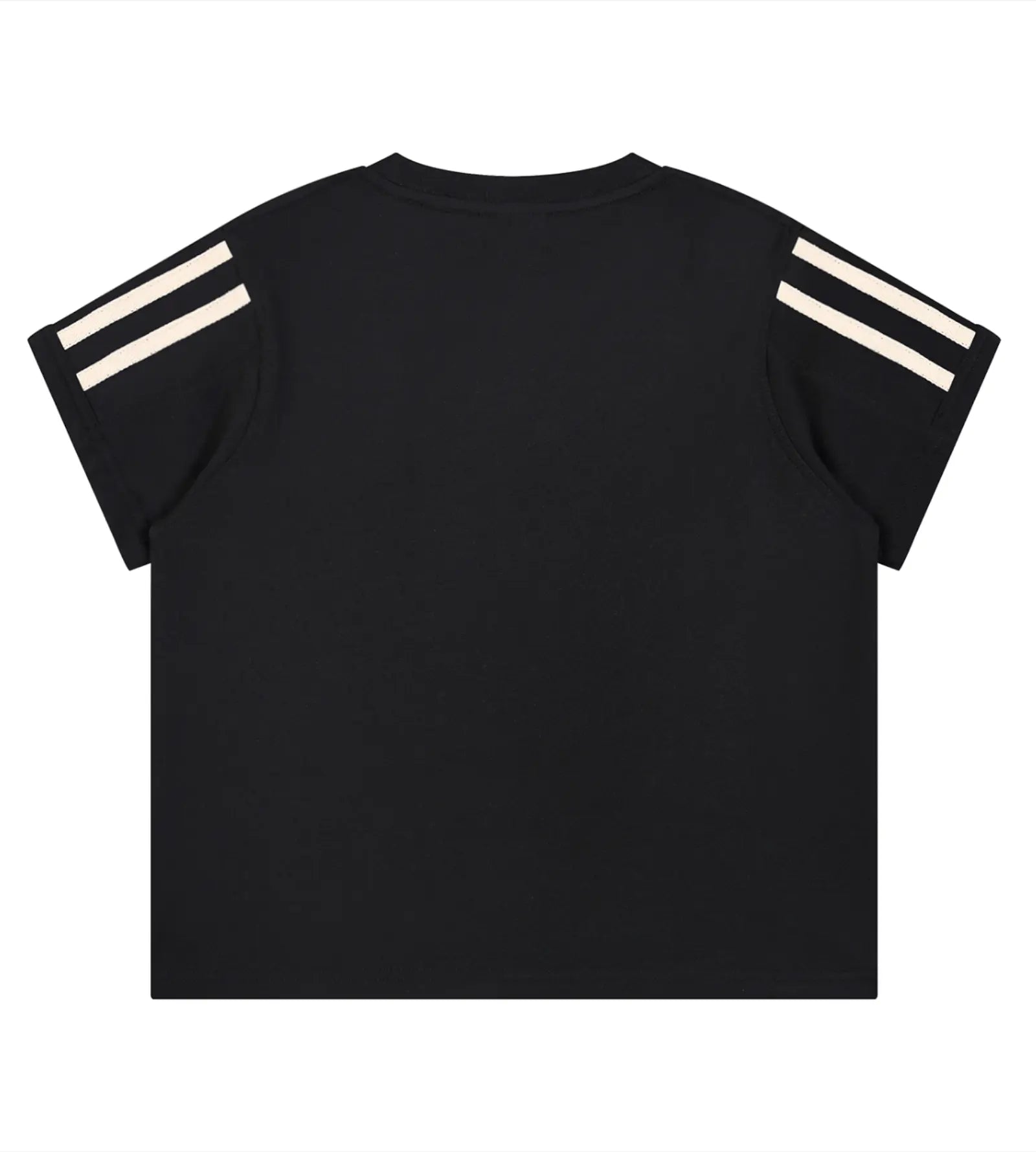 A black short-sleeve t-shirt shown from the back, featuring two cream-colored stripes on each sleeve, laid flat against a white background.
