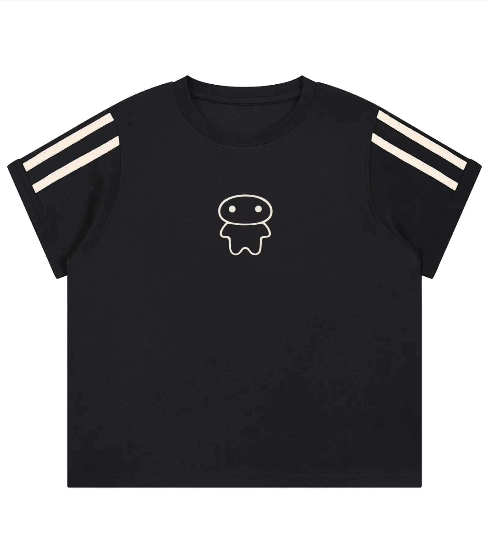 A black short-sleeve t-shirt with two cream-colored stripes on each sleeve and a small cream line-art cartoon face on the center chest, displayed against a solid white background.