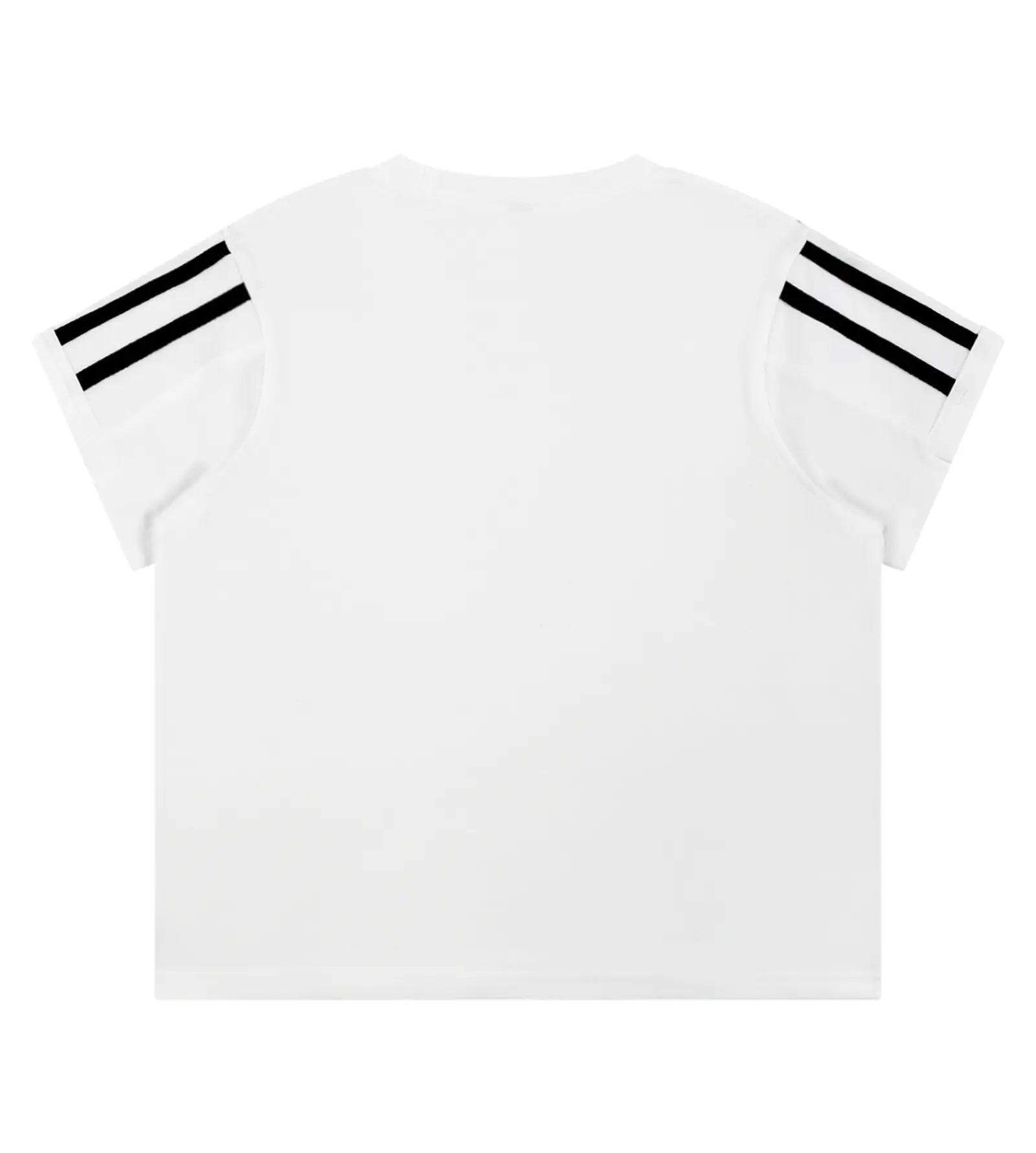 White short-sleeve crop top with black double stripes on the shoulders, shown from the back on a white background.