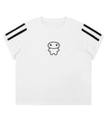 A white short-sleeve crop top with double black stripes on the shoulders and a small black cartoon ghost graphic on the chest, shown on a plain white background.