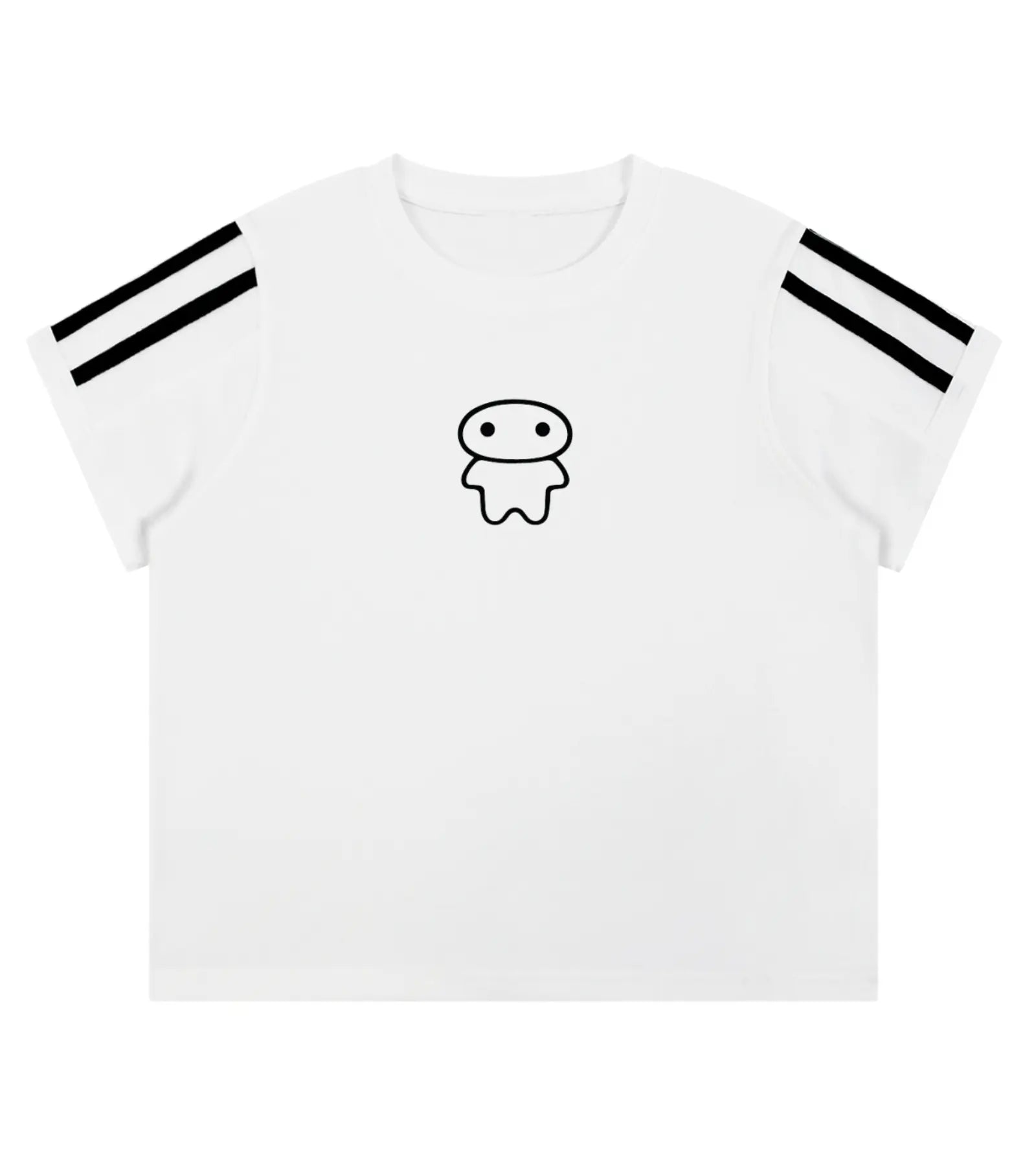 A white short-sleeve crop top with double black stripes on the shoulders and a small black cartoon ghost graphic on the chest, shown on a plain white background.