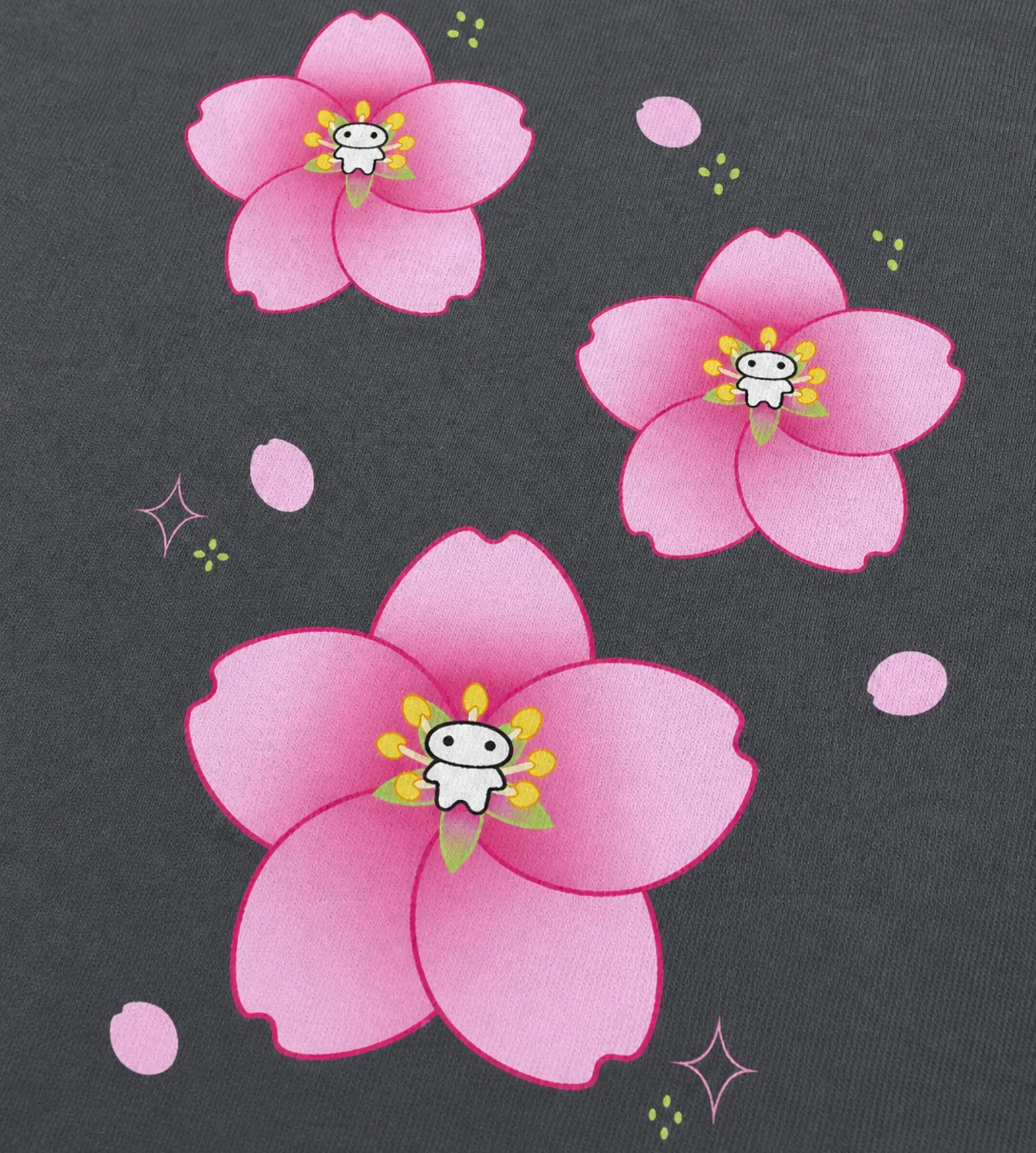 Pink flowers with cartoon characters on a dark background