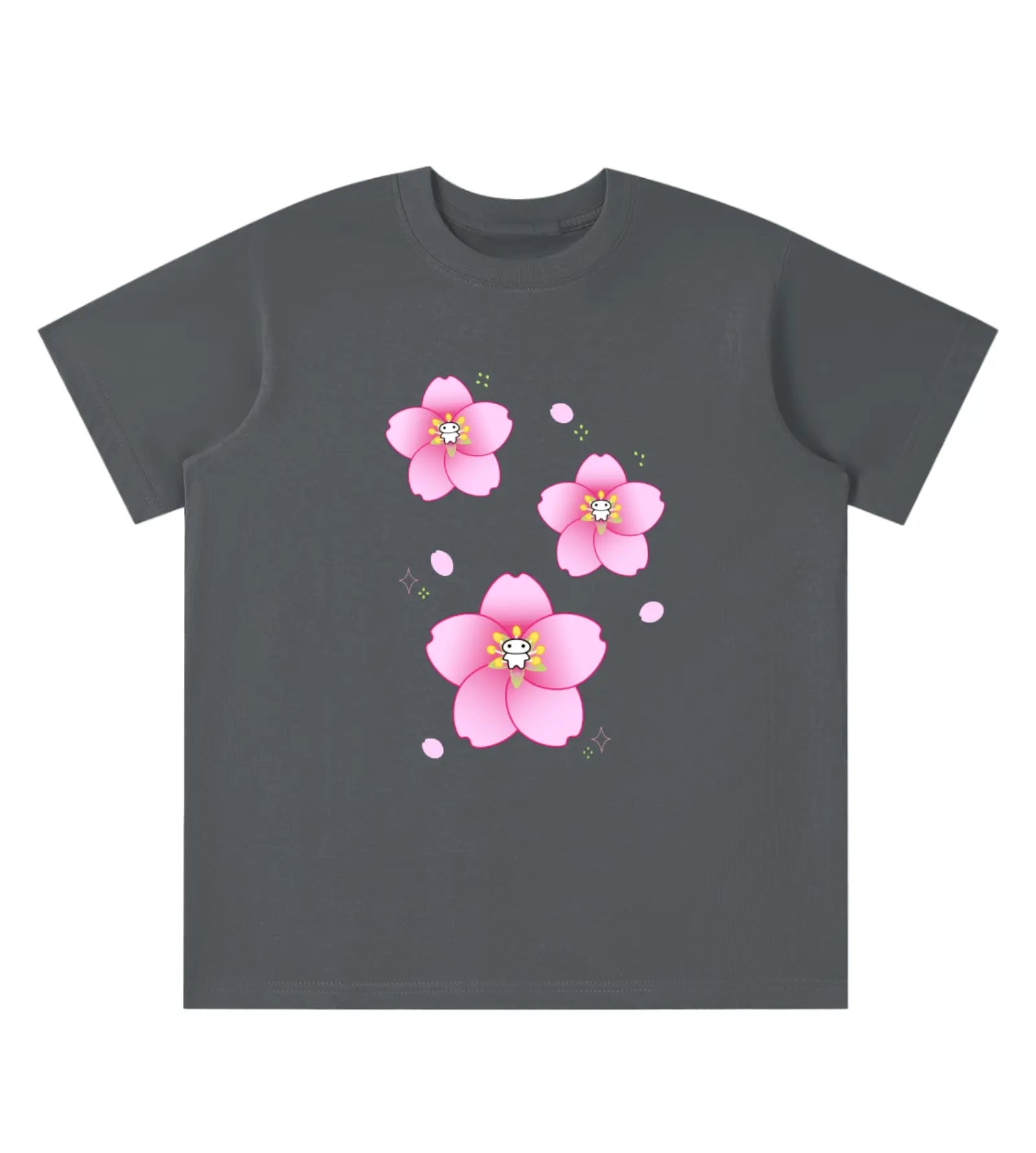 A dark gray short-sleeve t-shirt with a graphic print of three pink cherry blossom flowers and small pink petals on the front, displayed against a solid white background.