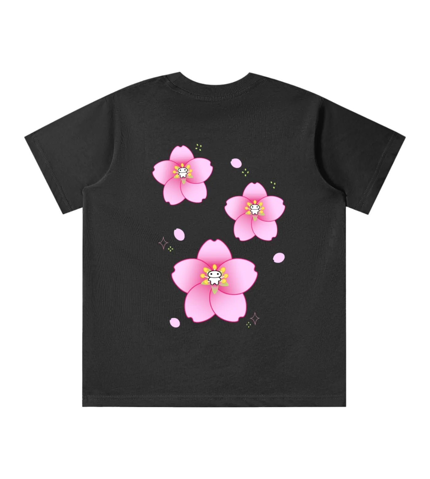 Youth black cotton T-shirt featuring a Lil Alien Bae sakura back graphic. 