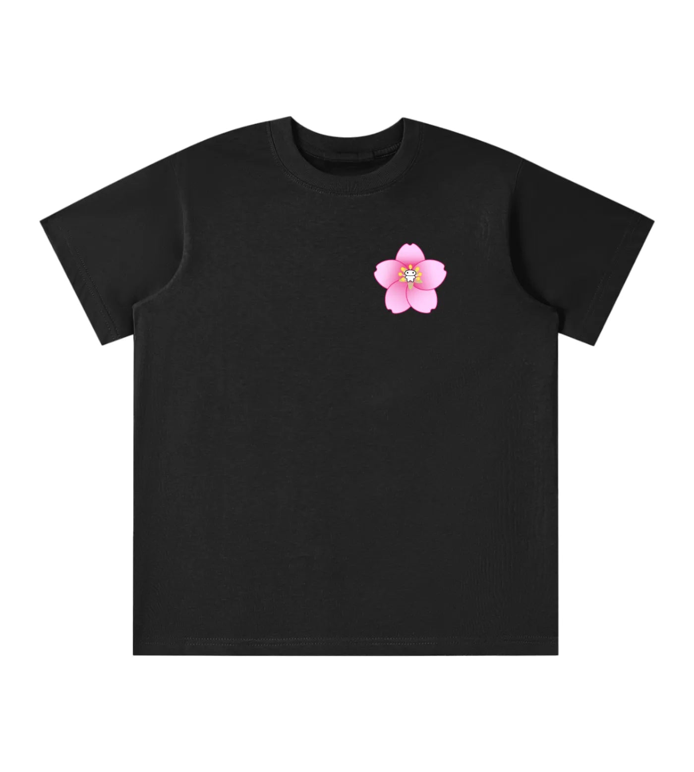 Youth black cotton T-shirt featuring a Lil Alien Bae sakura chest graphic. 