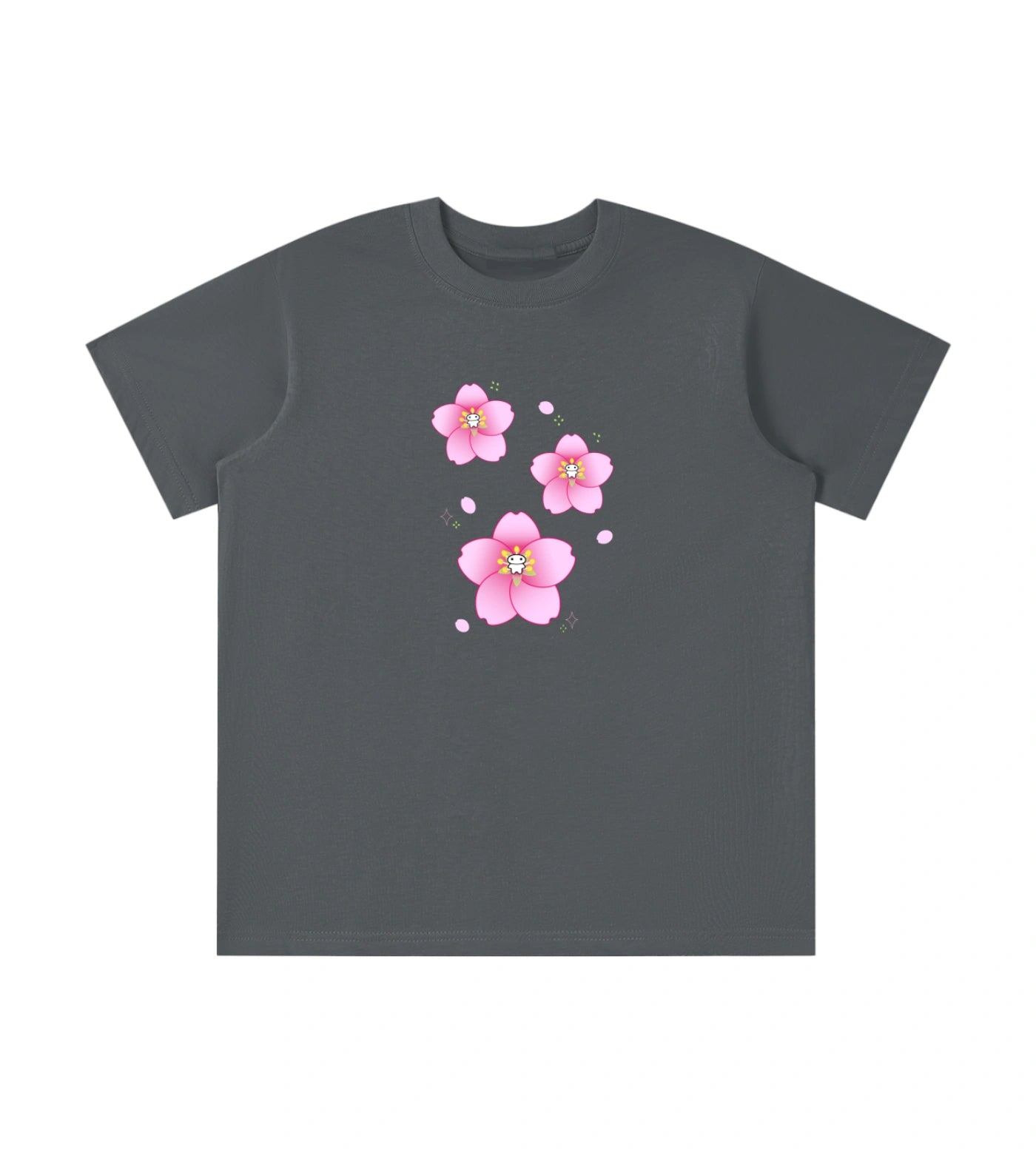 Youth gray cotton T-shirt featuring a Lil Alien Bae sakura graphic.  