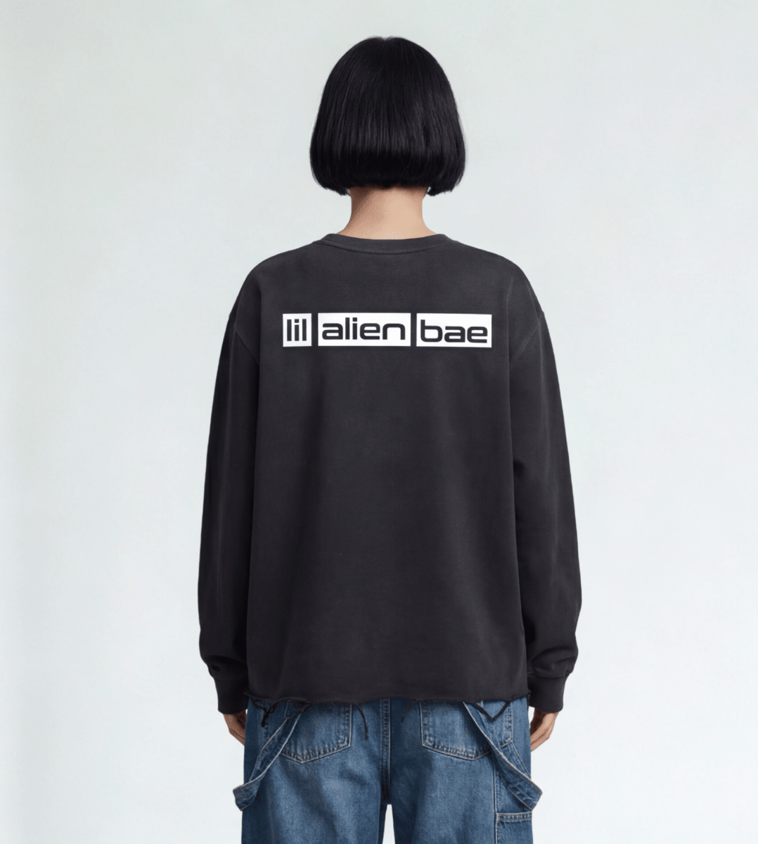 big bae — Black Vintage Wash Ripped Long Sleeve Graphic Crewneck - lil alien bae