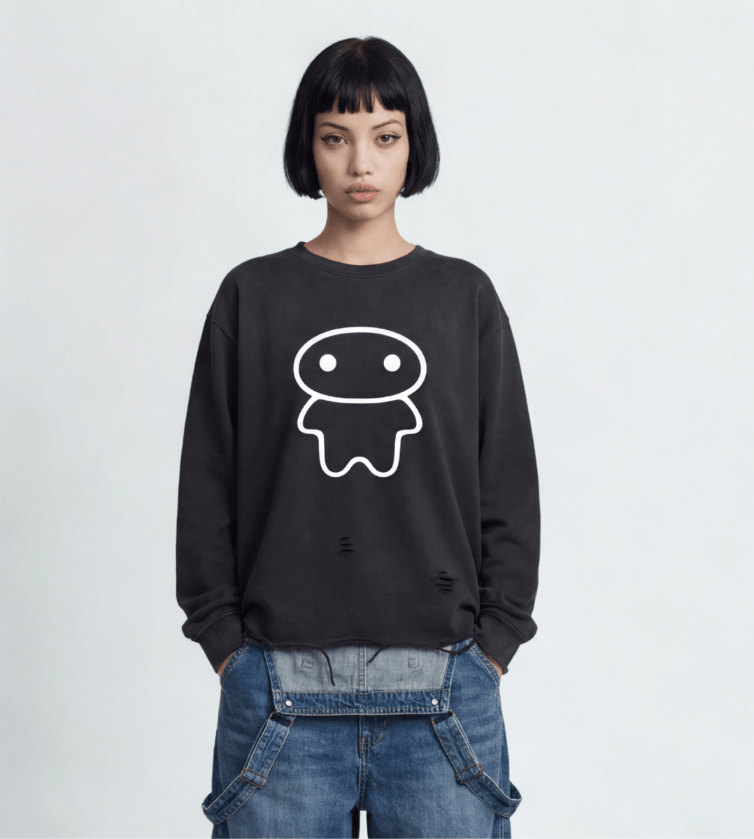 big bae — Black Vintage Wash Ripped Long Sleeve Graphic Crewneck - lil alien bae