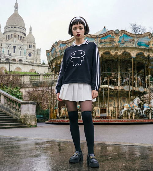 Black and white striped lapel collar graphic pullover with large lil alien bae logo on the front.  