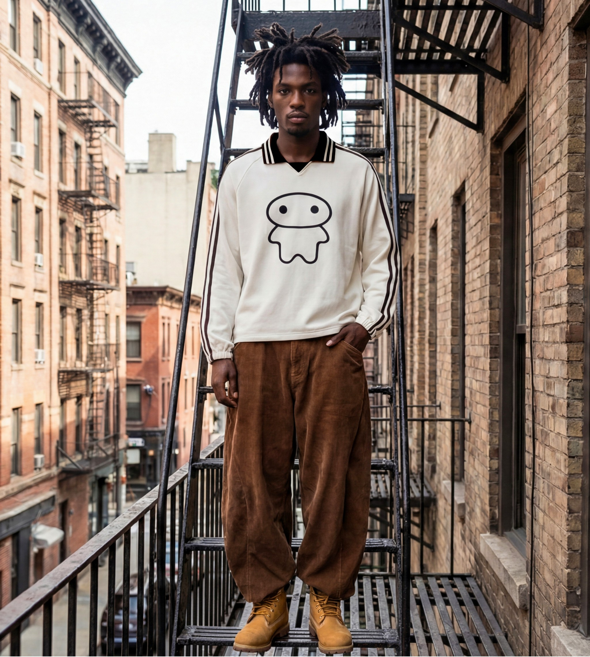 Model wearing an off white graphic pullover with a large lil alien bae logo on the front.  Outfit styled with brown corduroy pants and boots.  