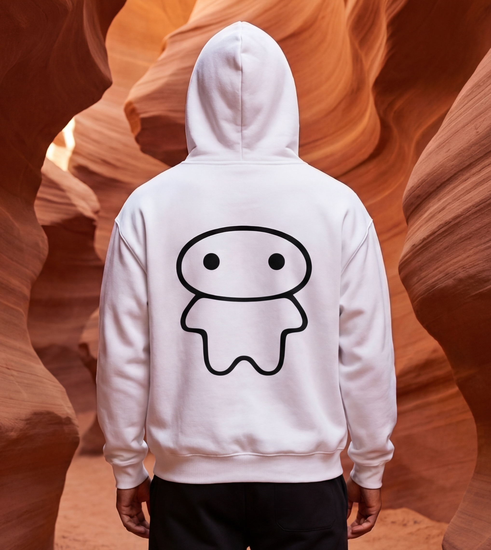 Model wearing a white oversized graphic fleece hoodie with a large lil alien bae back logo.  