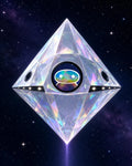 A faceted, diamond-shaped transparent crystal spaceship floating against a starry space background. The center features a lil alien bae's face looking through a window, and the crystal has iridescent rainbow reflections.