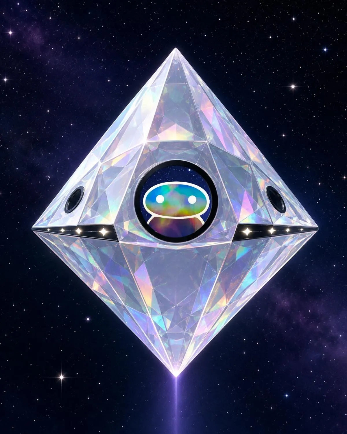A faceted, diamond-shaped transparent crystal spaceship floating against a starry space background. The center features a lil alien bae's face looking through a window, and the crystal has iridescent rainbow reflections.